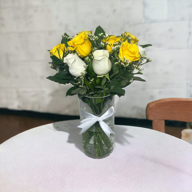 Sunshine Serenity Bouquet, Yellow & White Roses, Cylinder Arrangement, Classic Elegance